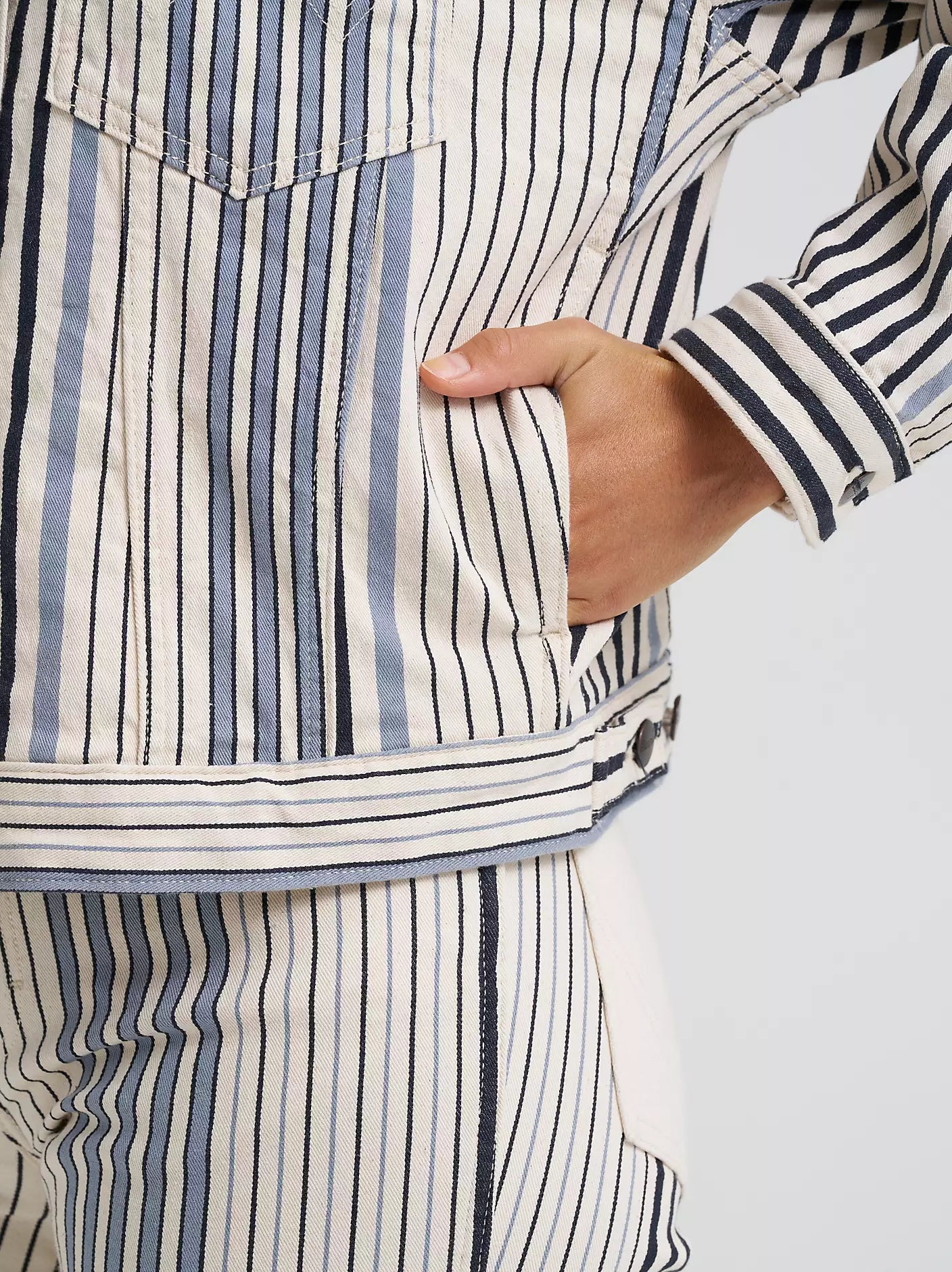 Cowgirl Cut Denim Jacket in Multi Blue Stripe
