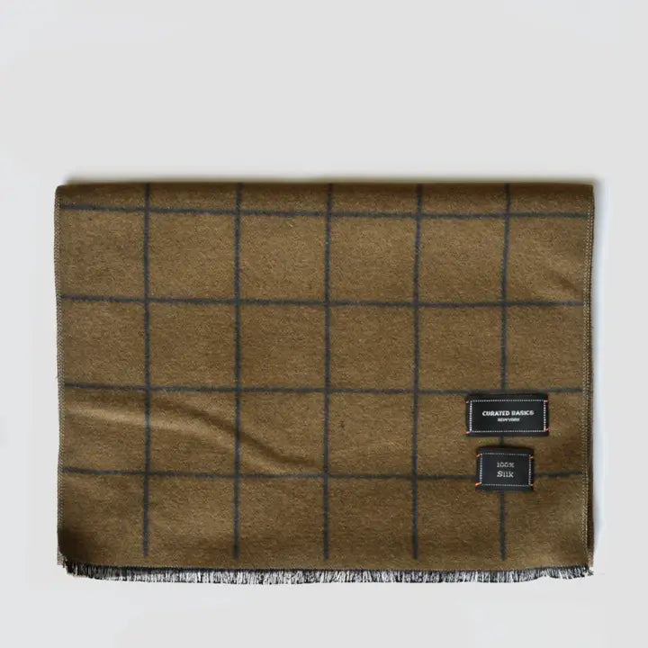 Brushed Silk Window-Pane Scarf in Charcoal/Brown