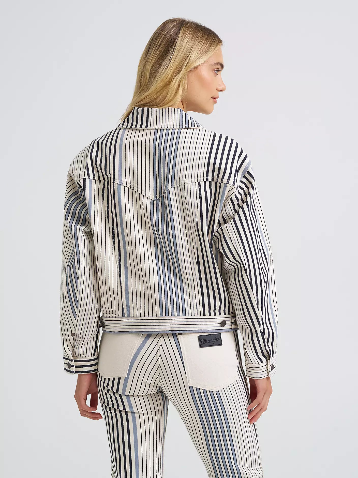 Cowgirl Cut Denim Jacket in Multi Blue Stripe