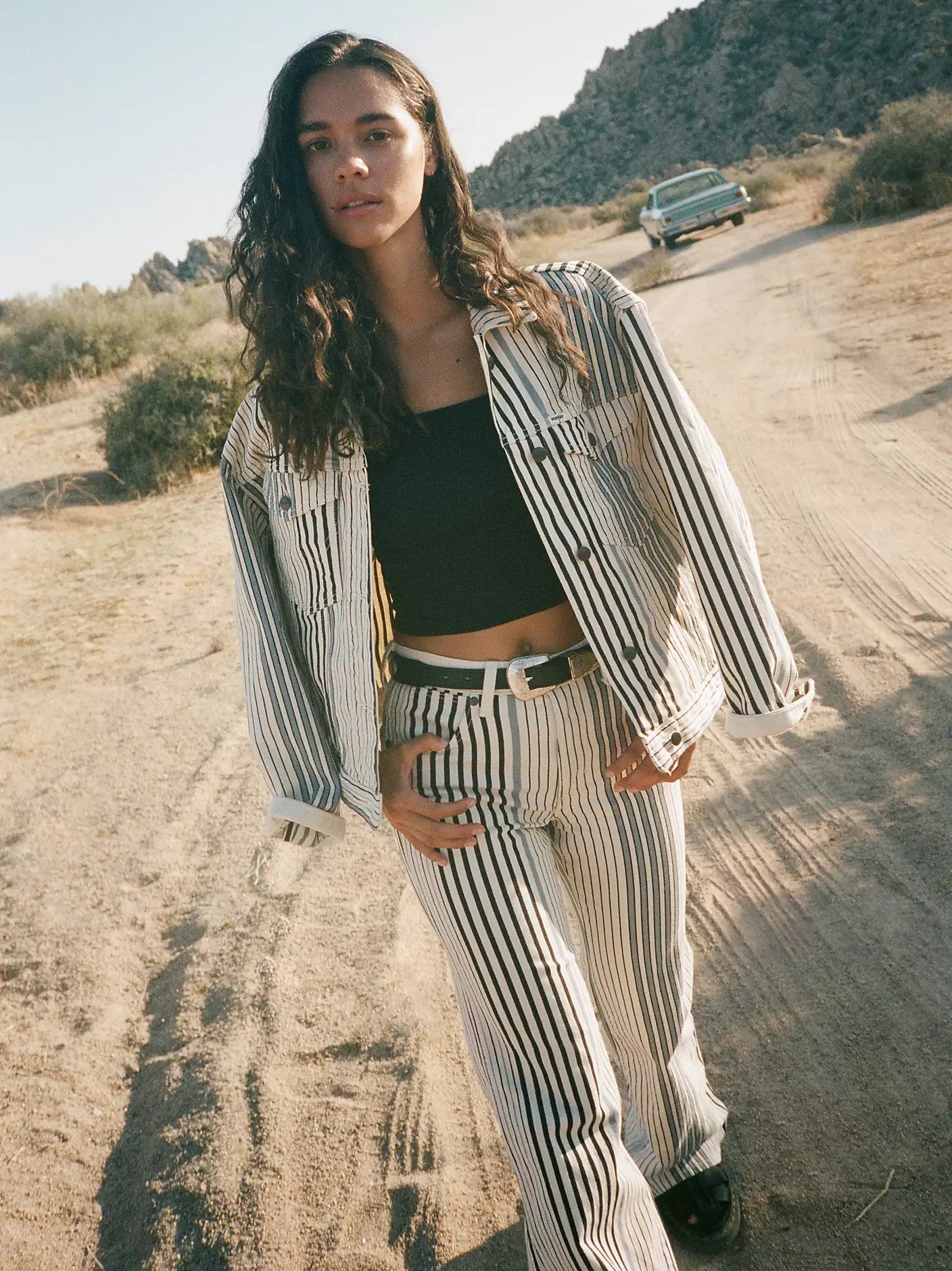 Cowgirl Cut Denim Jacket in Multi Blue Stripe