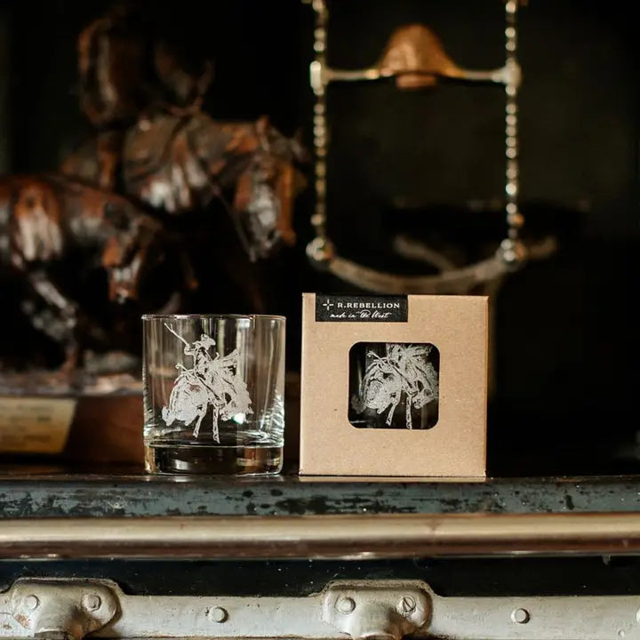 Etched Bronco Whiskey Glass