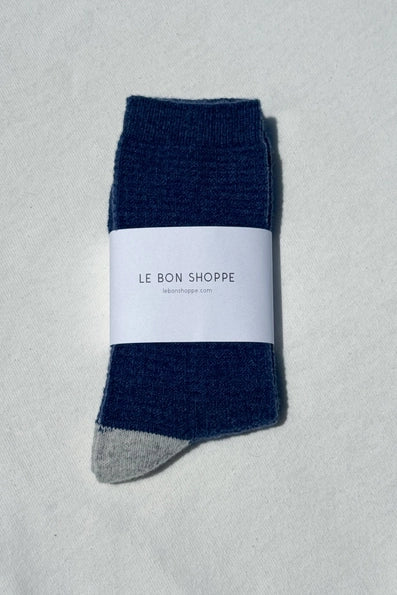 Wool Waffled Socks in Denim/Stone