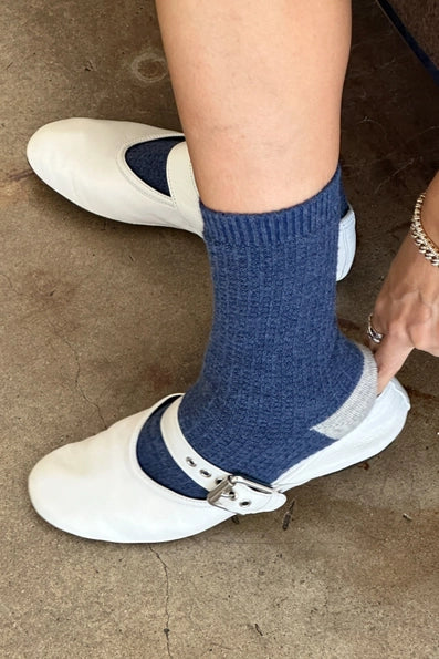 Wool Waffled Socks in Denim/Stone