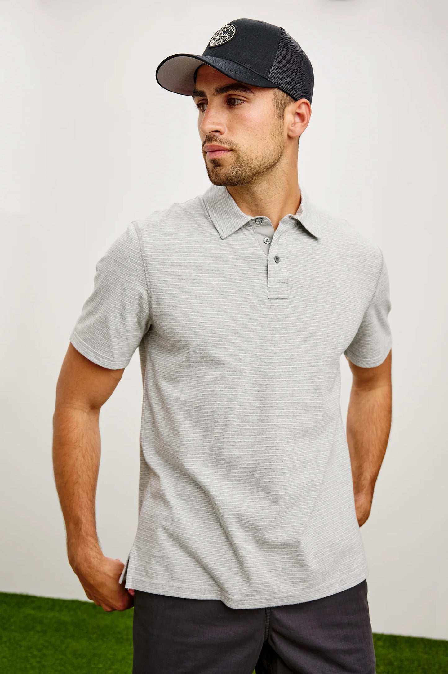 Merced Golf Polo in Heather Grey Stripe