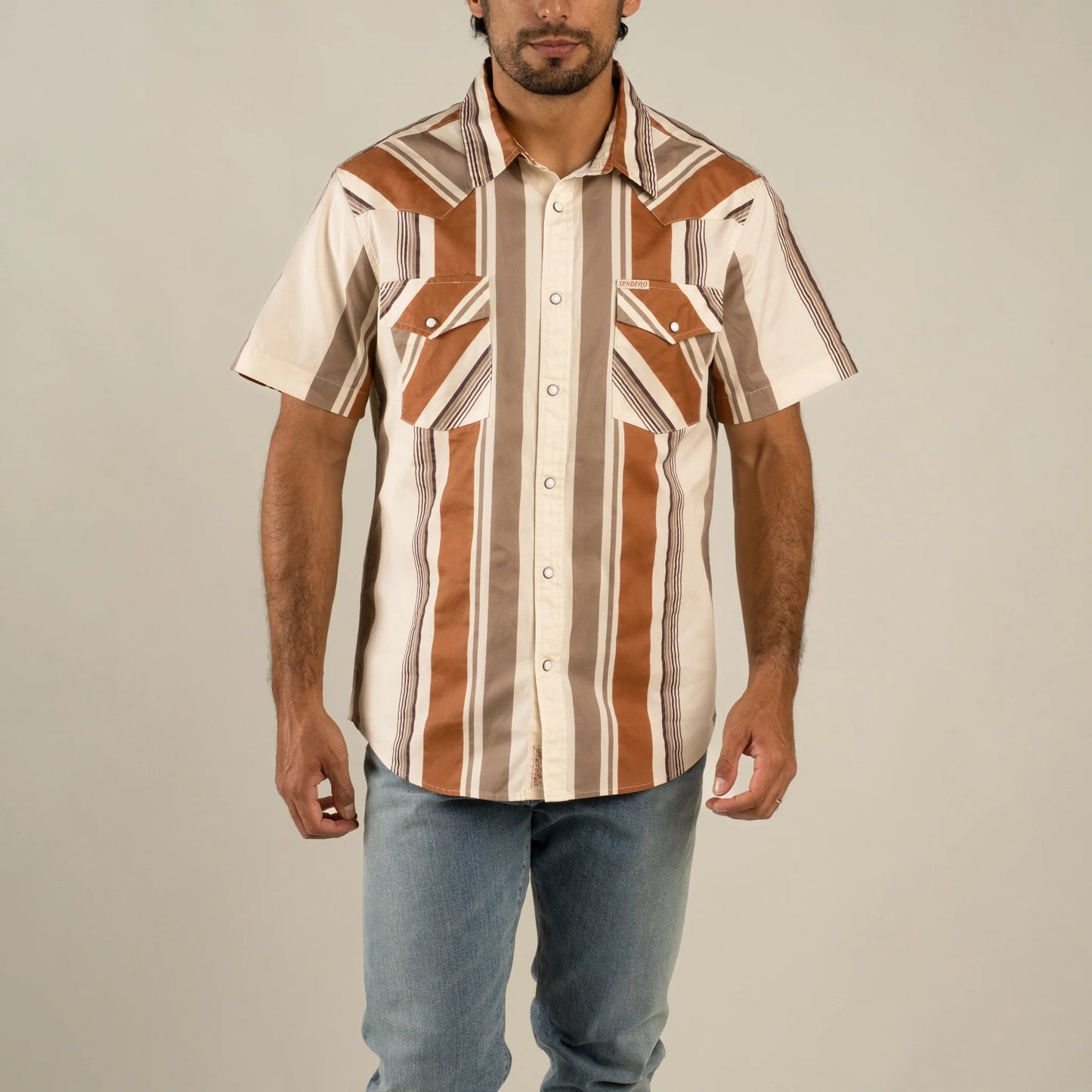 The Wyatt Pearl Snap Short Sleeve Print Shirt in Stagecoach Stripe Saddle