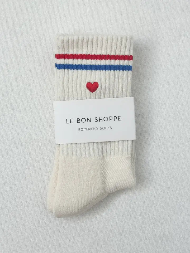 Embroidered Boyfriend Socks in Milk + Heart