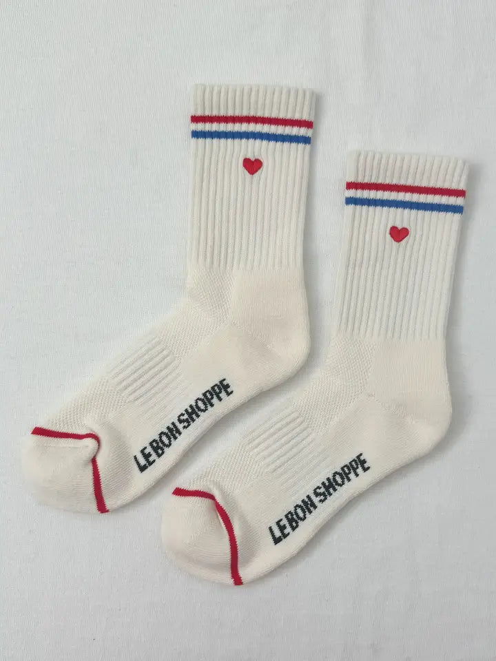 Embroidered Boyfriend Socks in Milk + Heart
